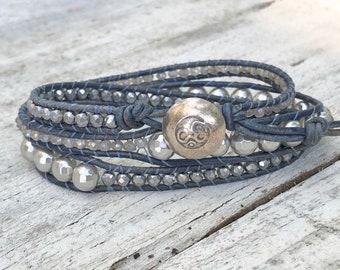 Pearl Bracelet - Blue Bracelet - Pearl Jewelry - Laboradite Bracelet - Om Button - Pearl Leather Wrap - Women's Jewelry - Girlfriend Gift