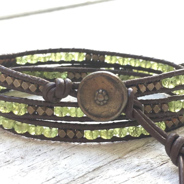Peridot Leather Wrap - Peridot Bracelet - Peridot Jewelry - Green Bracelet - Leather Wrap - Girlfriend Gift - Women's Gift-August Birthstone