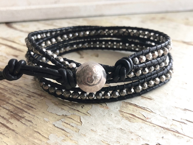 Pyrite Bracelet Triple Black Leather Wrap Pyrite Jewelry | Etsy