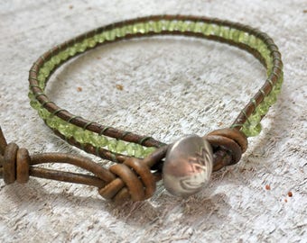 Black Leather Bracelet w/ Neon Green Glass Beads and Peridot