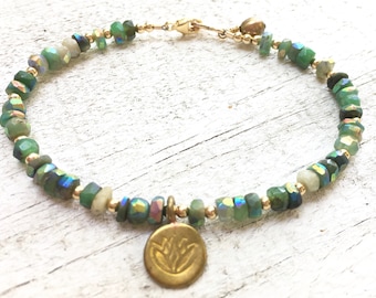 Chrysoprase Bracelet - Chrysoprase Jewelry -  Chrysoprase and Gold - Lotus Charm - Green Bracelet - Girlfriend's Gift - Women's Jewelry