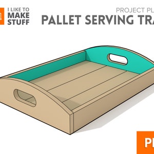 May include: A wooden serving tray with a teal rim and handle. The tray is made from reclaimed pallet wood and has a rustic look.  Project Plans - Pallet Serving Tray - PDF