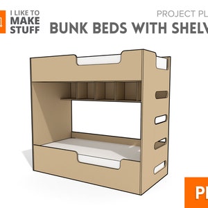 May include: A digital illustration of a bunk bed with shelves. The bed is made of wood and has a light brown finish. The shelves are located on the top bunk and are made of wood. The bed is designed to be built from plans.