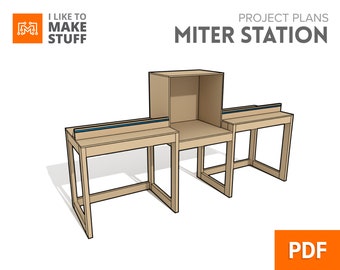 以下が含まれることがあります： 「PROJECT PLANS MITER STATION」の文字と「I LIKE TO MAKE STUFF」のロゴが入った、薄茶色のマイターソー台のプロジェクトプラン。中央にキャビネットがあり、両側に青いアクセントのテーブルが2つあります。PDFアイコンは右下にあります。