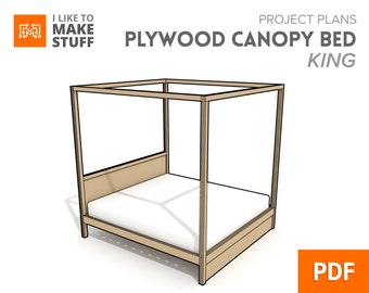 May include: A 3D rendering of a king-sized plywood canopy bed frame. The bed frame is made of wood and has a simple, modern design. The bed frame is shown with a white mattress.