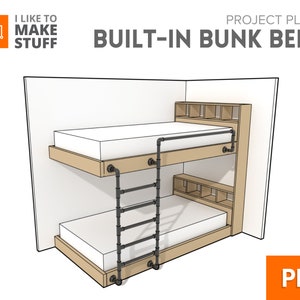 May include: A 3D illustration of a built-in bunk bed design with a ladder made of black pipes. The bed is made of wood and has a shelf unit on the side. The text "PROJECT PLANS BUILT-IN BUNK BEDS PDF" is visible in the image.