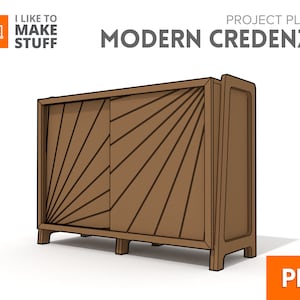 May include: A digital illustration of a modern credenza with sliding doors. The doors have a sunburst pattern and are made of wood. The credenza is brown and has a simple design. The text "PROJECT PLANS MODERN CREDENZA PDF" is visible in the image.