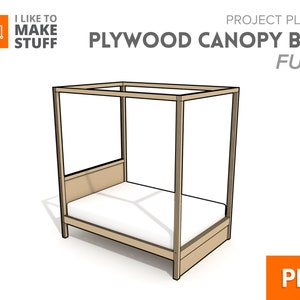 May include: A line drawing of a full-size plywood canopy bed frame. The bed frame is made of wood and has a simple design. The bed frame is shown with a mattress on top of it. The image is labeled "PROJECT PLANS PLYWOOD CANOPY BED FULL PDF".