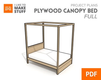 May include: A line drawing of a full-size plywood canopy bed frame. The bed frame is made of wood and has a simple design. The bed frame is shown with a mattress on top of it. The image is labeled "PROJECT PLANS PLYWOOD CANOPY BED FULL PDF".