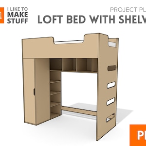 Könnte beinhalten: Projektpläne für ein Hochbett mit Regalen. Das Bett ist aus Holz und verfügt über einen eingebauten Schrank und Regale. Die Pläne sind im PDF-Format.