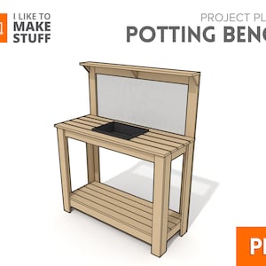 Puede incluir: Un banco de macetas de madera con un estante y un salpicadero. El banco está hecho de madera marrón claro y tiene una bandeja de plástico negro en la parte superior.