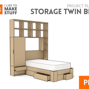 May include: A line drawing of a twin-sized bed with storage shelves and drawers. The bed frame is made of wood and has a headboard with built-in shelves. The bed has two drawers on each side and a large storage compartment at the foot of the bed. The bed is shown in a light brown color. The text "STORAGE TWIN BED" is at the top of the image.