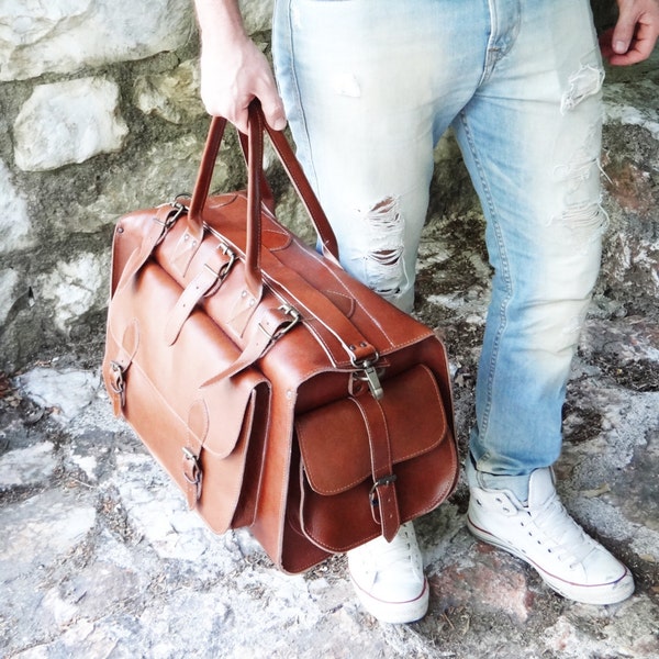 Apollo Weekender Original Leather Bag • 20" Handmade Full Grain in Tobacco•Waxed Brown or Dark Brown • Travel Duffel
