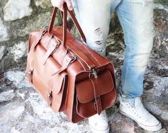 Apollo Weekender Original Leather Bag • 20" Handmade Full Grain in Tobacco•Waxed Brown or Dark Brown • Travel Duffel