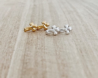 Small Cross Stud Earrings / Gold or Silver plated Brass / Ear Studs / Tiny cross / Minimalist Jewelry