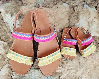 Mommy and Me "Aloha" Sandals / Pink and Yellow Cotton Tassel Lace / Boho Sandals / Mommy and Daughter / Handmade Slingback Leather Sandals