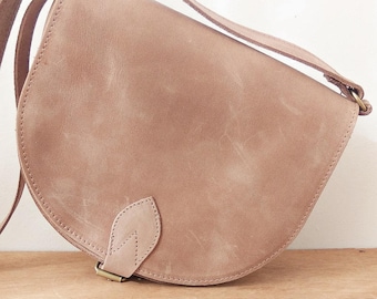 Mocha Leather "Athena" Bag / Leather Crossbody Saddle Bag / Greek Handmade Leather Handbag / Taupe Color