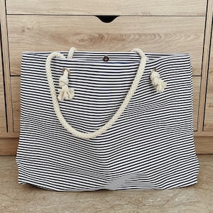 XL Canvas Beach Bag / Blue Navy Stripes / Rope Cord Closure / 100 Percent Cotton / Big Tote / Vacation / Summer Large Beach Bag image 3