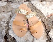 Ancient Greek Style Leather Sandals / Natural Straps / Golden Braided Strap / Women Shoes /High Quality Leather