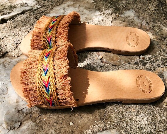 Slide Sandals / Boho Leather Sandals ZANZIBAR / | Etsy