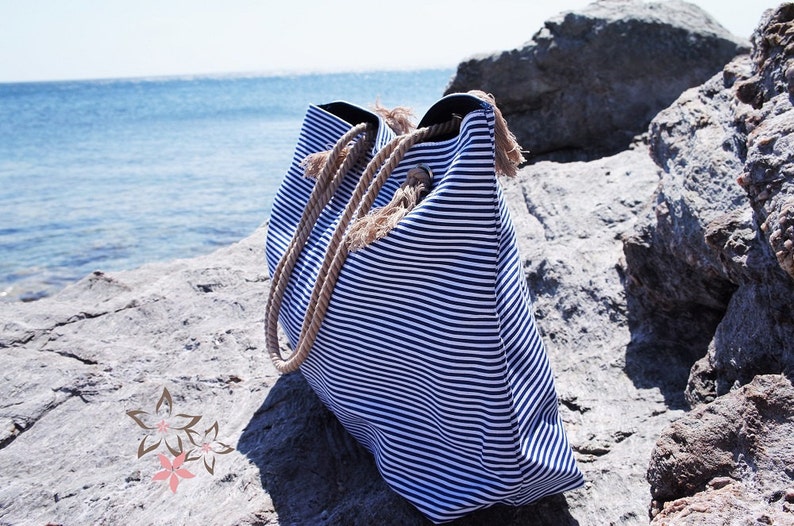 XL Canvas Beach Bag / Blue Navy Stripes / Rope Cord Closure / 100 Percent Cotton / Big Tote / Vacation / Summer Large Beach Bag image 2