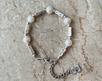 Pearl Beaded Bracelet / Silver Plated Brass Bracelets / Stacked Bracelets