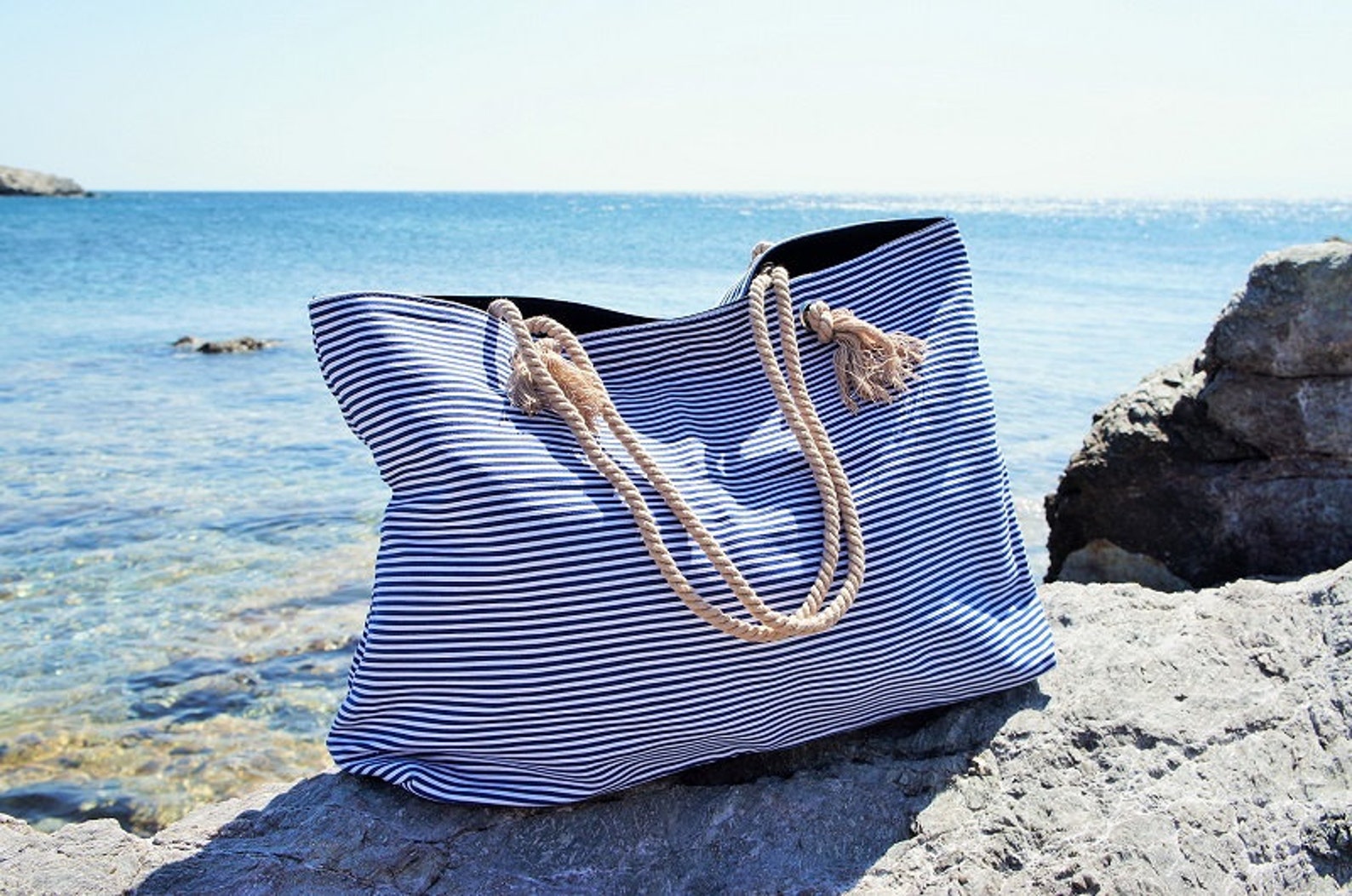 XL Canvas Beach Bag / Blue Navy Stripes / Rope Cord Closure / | Etsy