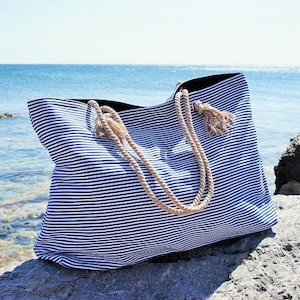 XL Canvas Beach Bag / Blue Navy Stripes / Rope Cord Closure / 100 Percent Cotton / Big Tote  / Vacation / Summer Large Beach Bag