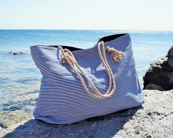 XL Sac de plage en toile / Rayures bleu marine / Fermeture par cordon de serrage / 100 % coton / Grand fourre-tout / Vacances / Grand sac de plage d'été