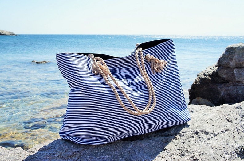 XL Canvas Beach Bag / Blue Navy Stripes / Rope Cord Closure / 100 Percent Cotton / Big Tote  / Vacation / Summer Large Beach Bag 