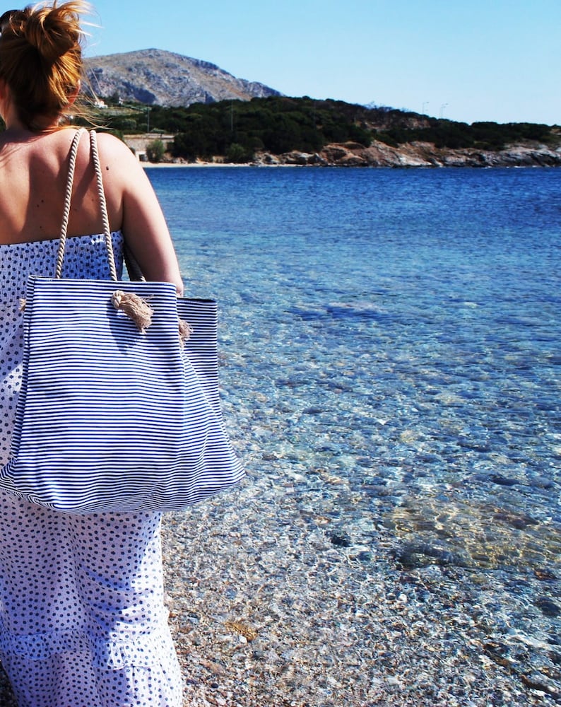 XL Canvas Beach Bag / Blue Navy Stripes / Rope Cord Closure / 100 Percent Cotton / Big Tote / Vacation / Summer Large Beach Bag image 7