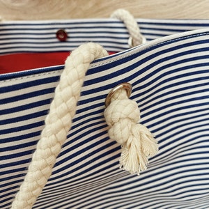 XL Canvas Beach Bag / Blue Navy Stripes / Rope Cord Closure / 100 Percent Cotton / Big Tote / Vacation / Summer Large Beach Bag image 4