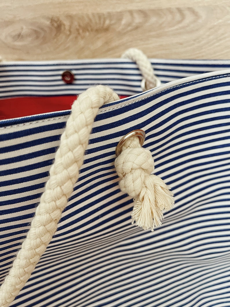 XL Canvas Beach Bag / Blue Navy Stripes / Rope Cord Closure / 100 Percent Cotton / Big Tote / Vacation / Summer Large Beach Bag image 4