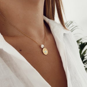 Eye Charm Pendant • Pearl Necklace • Gold Boho Necklaces • Gold plated Brass • Chain Necklace