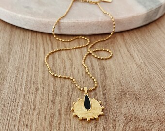 Golden Pendant Necklace • Gold Boho Necklaces • Gold plated Brass • Enameled Charm • Chain Necklace