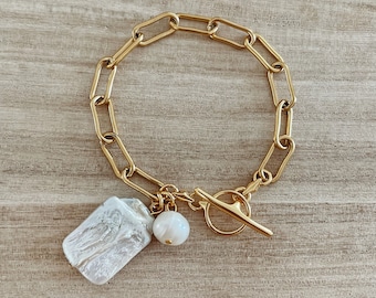 Gold Plated Steel Chain Bracelet / Pearl Bracelet / Pearl Pendant / Stacked Bracelets