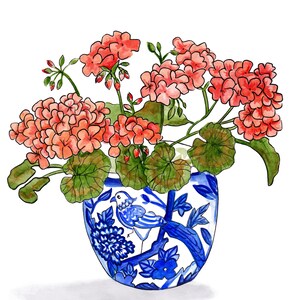 Daffodil, Geranium, and Hydrangea Triptych - Three Original Chinoiserie Watercolor Prints