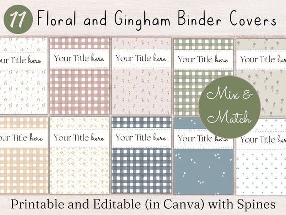 Binder Cover Sheets, 11 Printable & Editable Binder Covers and Spines, Floral Gingham Binder Cover Inserts Planner Template Teacher School