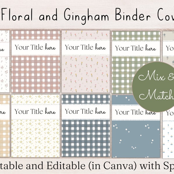 Binder Cover Sheets, 11 Printable & Editable Binder Covers and Spines, Floral Gingham Binder Cover Inserts Planner Template Teacher School