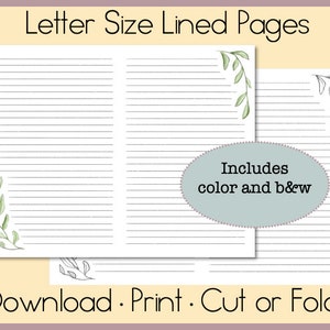 Download istantaneo di carta a righe/Formato Lettera/Pagine di diario/Pagine di diario a righe/Foglie stampabili a righe/Foglie/Fogliame floreale