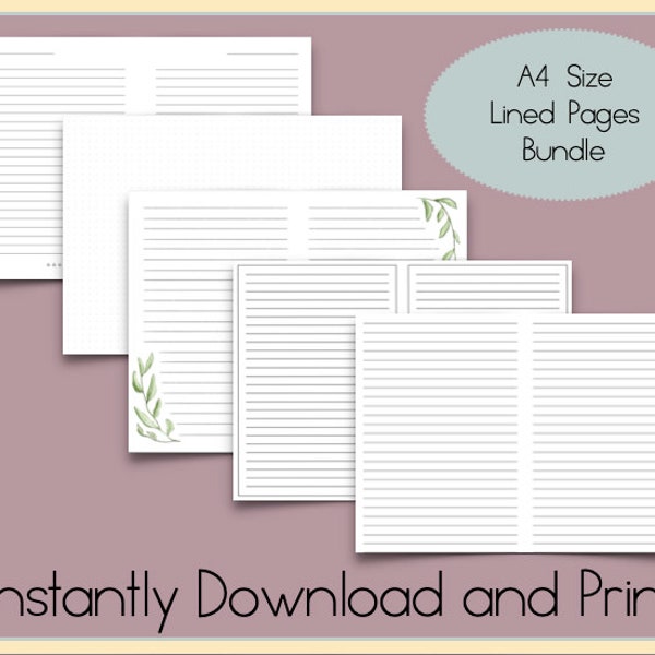 A4 Lined Paper Digital Bundle | Lined Paper Printable | Lined Pages Download | A4 Pages | Foldable Journal Pages A-4 Size Notebook Pages