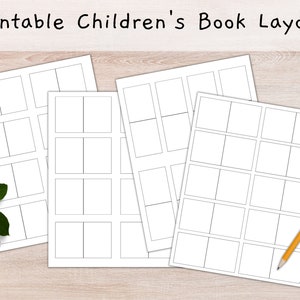 May include: Four white paper layouts for children's books with a grid of rectangular boxes, ideal for storyboarding. The text "Printable Children's Book Layout" is at the top. A yellow pencil with a red eraser rests on the right side.