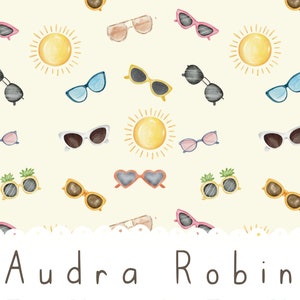 Op de afbeelding: Een aquarelpatroon met verschillende stijlen zonnebrillen en zonnen op een lichtgele achtergrond. De tekst "Audra Robin" staat onderaan de afbeelding.