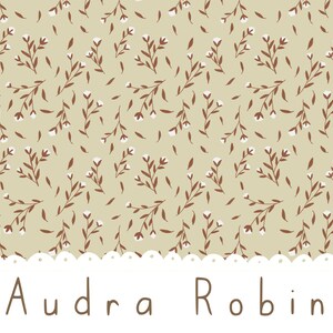 Puede incluir: Un fondo verde claro con un patrón repetido de pequeñas ramas marrones con flores blancas. La parte inferior de la imagen tiene un borde blanco festoneado con los nombres Audra y Robin escritos en marrón.