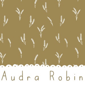 Pode incluir: Um fundo dourado com uma borda de renda branca na parte inferior. O texto "Audra Robin" está escrito em fonte branca cursiva na borda de renda branca.