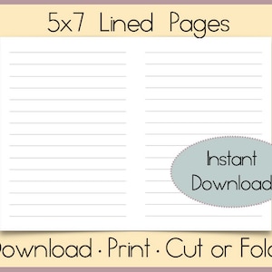 Carta a righe digitale 5x7 / Carta a righe stampabile / Pagine a righe Scarica / Pagine formato 5x7 / Pagine di diario pieghevoli / Pagine di taccuino 5x7
