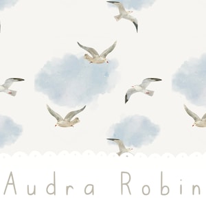 May include: A watercolor pattern featuring white seagulls flying against a light blue background with light blue watercolor clouds. The pattern includes the names Audra and Robin in a handwritten font.