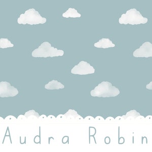 May include: A light blue background with white clouds and a white lace border at the bottom. The text "Audra Robin" is written in light blue at the bottom of the image.