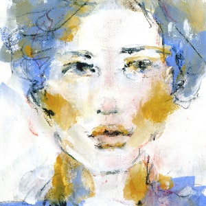Original Mixed Media Painting Woman 5x7 on canvas Original Art Blue Gold Expressive Kunst Art Ready to Frame Female Portrait Art image 2