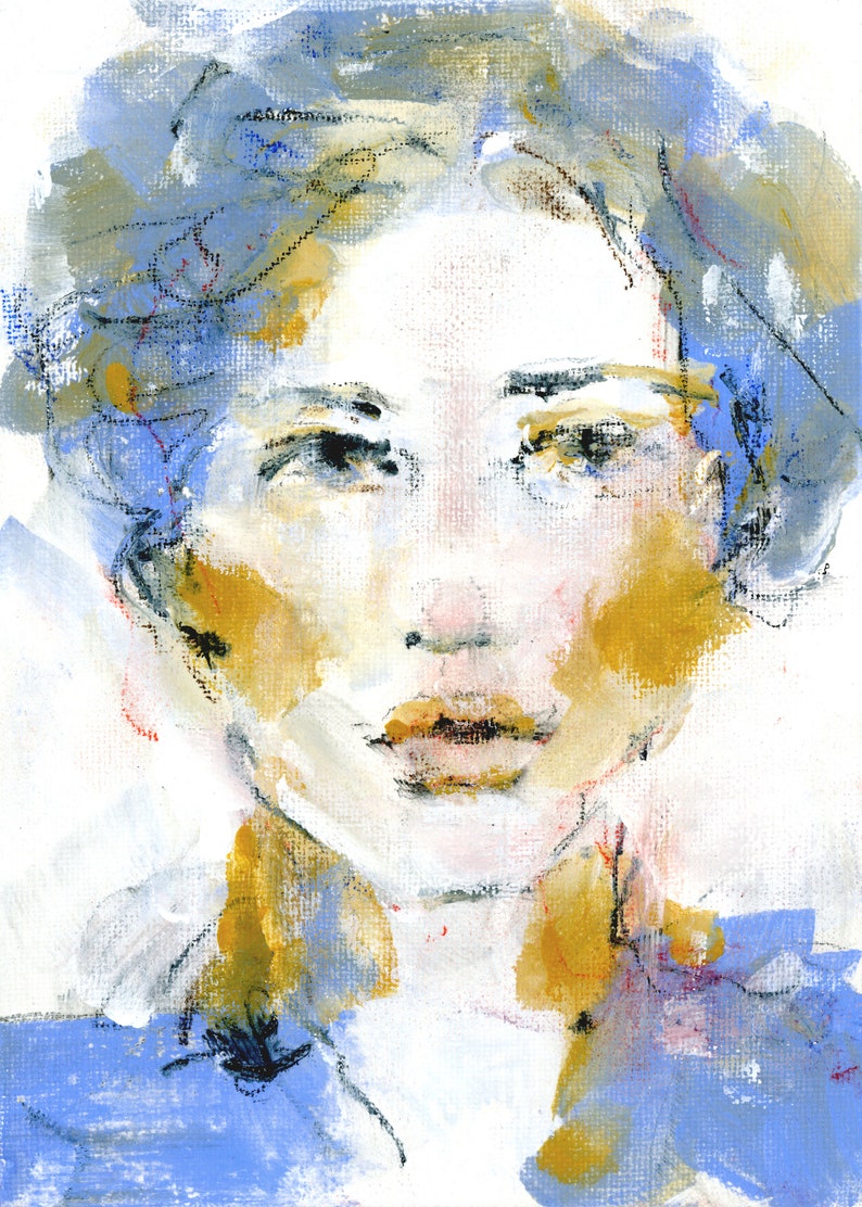 Original Mixed Media Painting Woman 5x7 on canvas Original Art Blue Gold Expressive Kunst Art Ready to Frame Female Portrait Art image 2